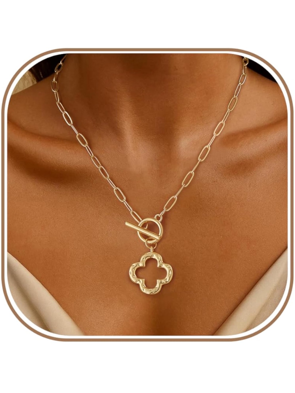 24k Gold Plated Chunky Paperclip Chain Charm Necklace With Clover Pendant New